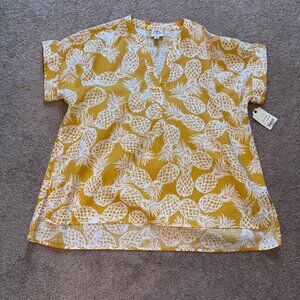 NWT St. John's Bay Linen Blend Pineapple Print Yellow Shirt M Fits Like L or XL